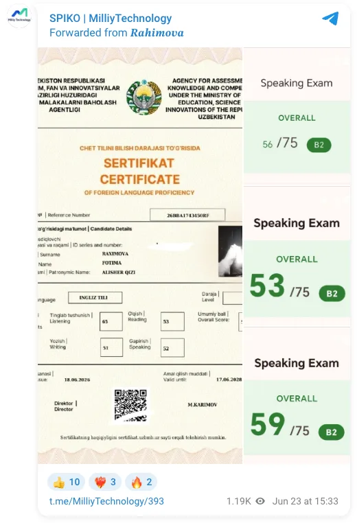 Rakhimova ulashgan imtihon sertifikatlari galereyasining Telegram ko‘rinishi